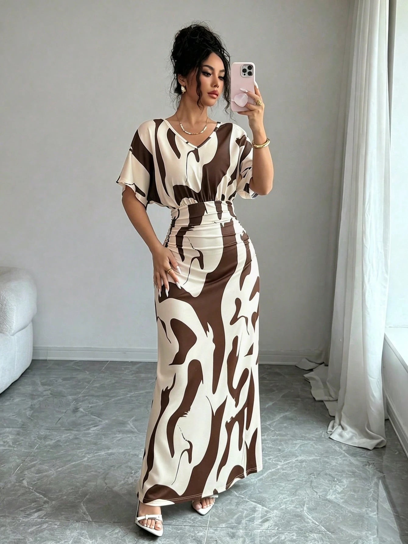 Elenzga Women's Fashion Printed V-Neck Short Sleeve Ruched Waist Bodycon Romantic Elegant Casual Commute Date - image 4