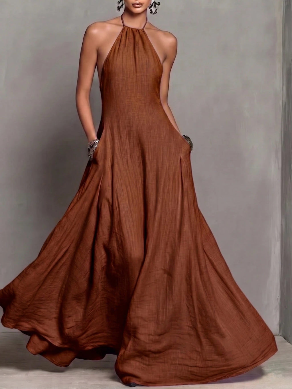 Women's Halter Neck Sleeveless Long Dress With Pockets, Elegant