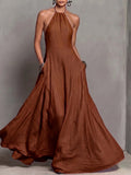 Women's Halter Neck Sleeveless Long Dress With Pockets, Elegant