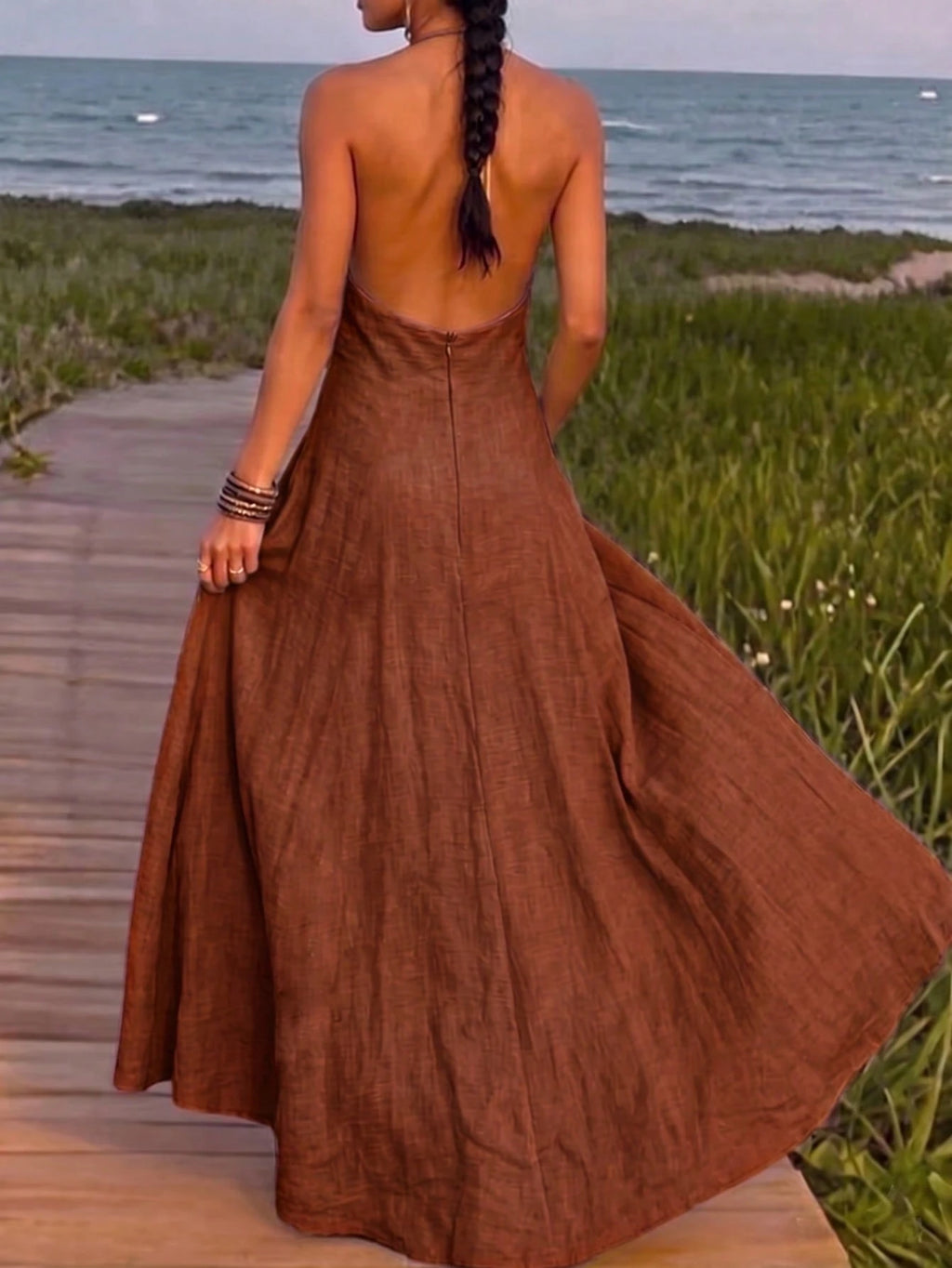 Women's Halter Neck Sleeveless Long Dress With Pockets, Elegant