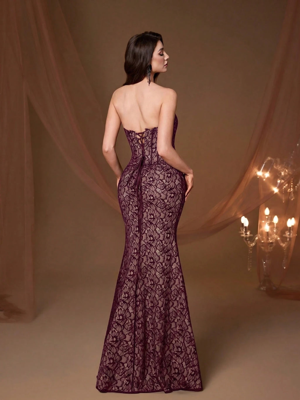 Elegant Strapless Corset Fitted Mermaid Evening Gown, Black Floral Lace Sheer Mesh Slit Long Dress, Formal - image 13
