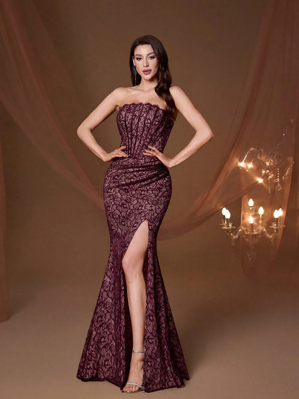 Elegant Strapless Corset Fitted Mermaid Evening Gown, Black Floral Lace Sheer Mesh Slit Long Dress, Formal - image 15