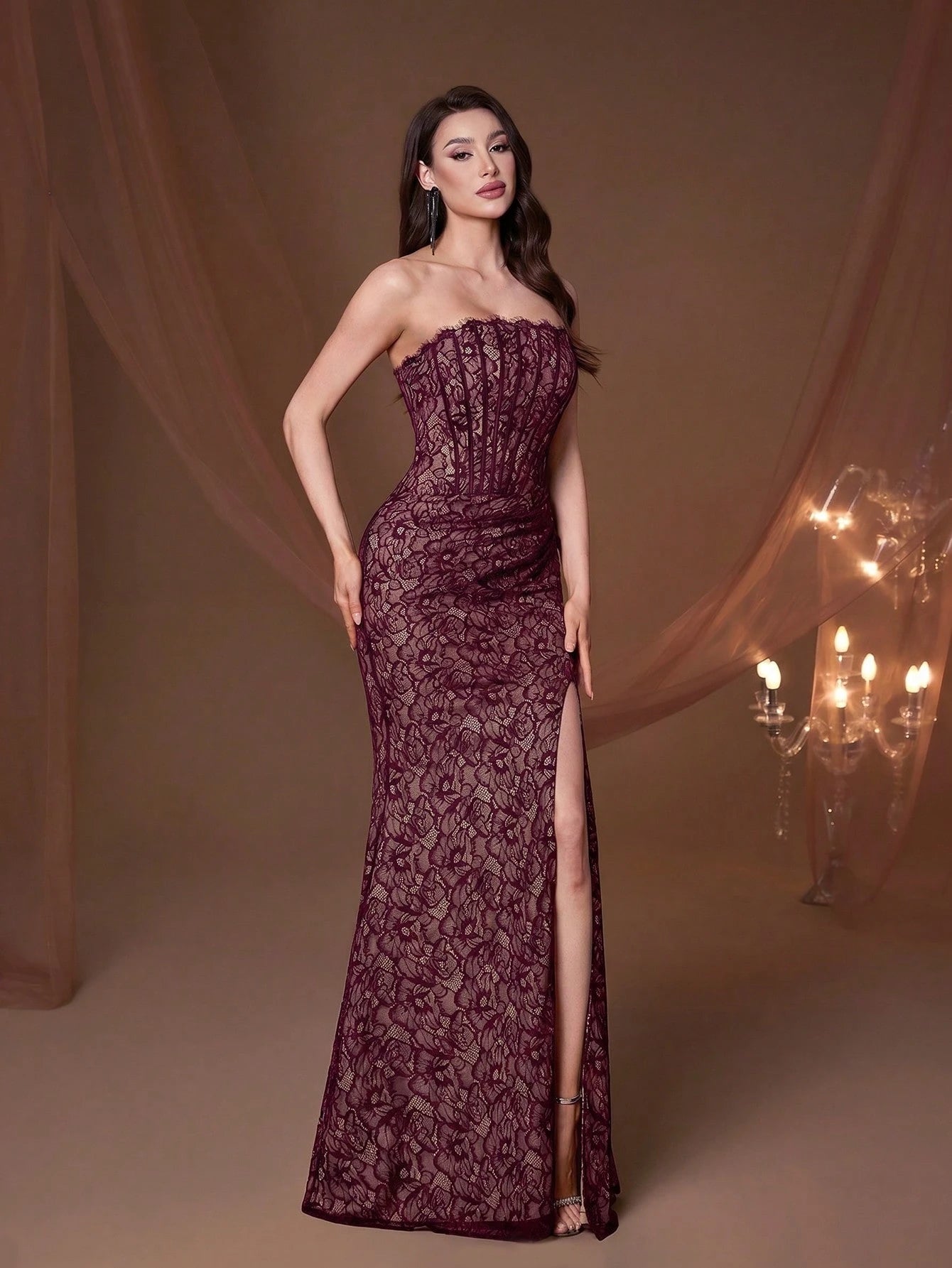 Elegant Strapless Corset Fitted Mermaid Evening Gown, Black Floral Lace Sheer Mesh Slit Long Dress, Formal - image 12