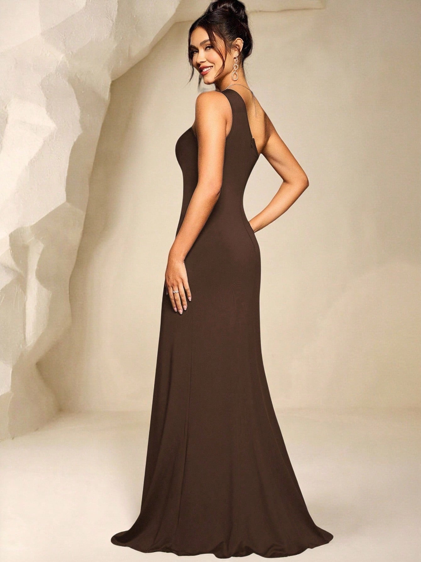 Coutiva Rhinestone Asymmetric Neckline Thigh-High Slit Wrap Dress - image 12