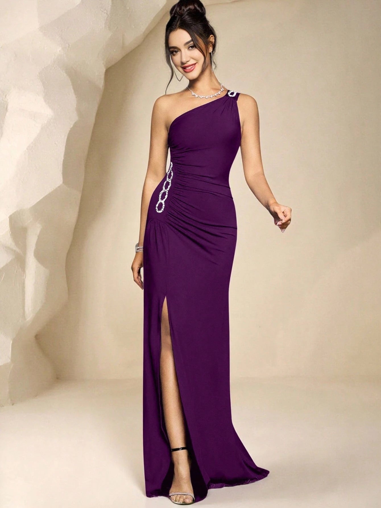 Coutiva Rhinestone Asymmetric Neckline Thigh-High Slit Wrap Dress