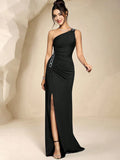 Coutiva Rhinestone Asymmetric Neckline Thigh-High Slit Wrap Dress