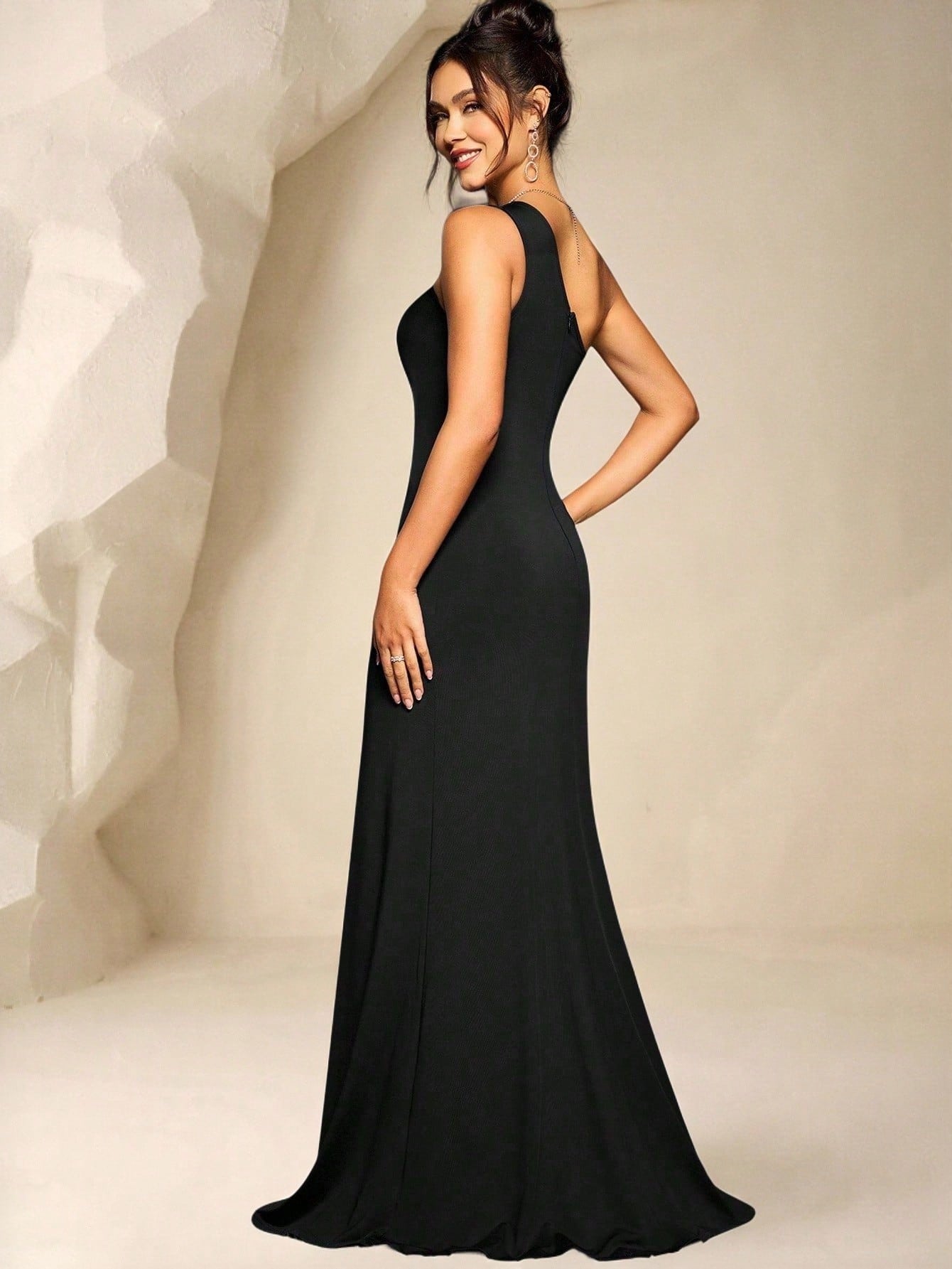 Coutiva Rhinestone Asymmetric Neckline Thigh-High Slit Wrap Dress - image 2