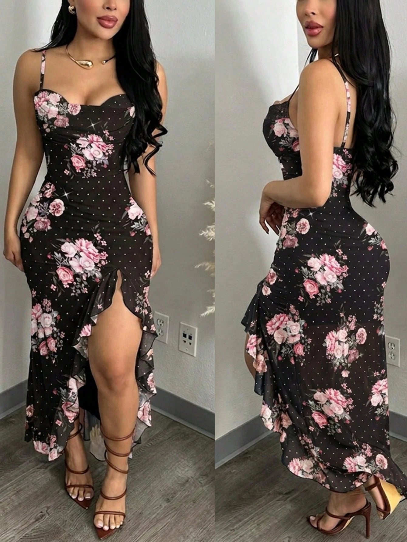 ChicMe Sexy Women's Floral Print Mesh Dress With Ruffle Hem, High Slit, Mermaid Tail, Spaghetti Straps, - image 10