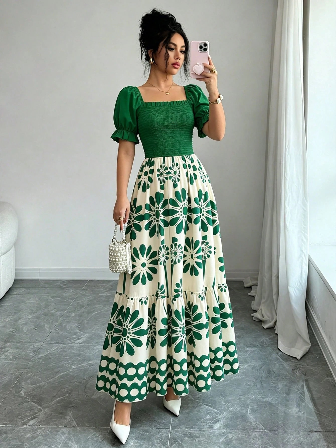 Women's Summer Vacation Floral Bright Print Waist Patchwork Dress,