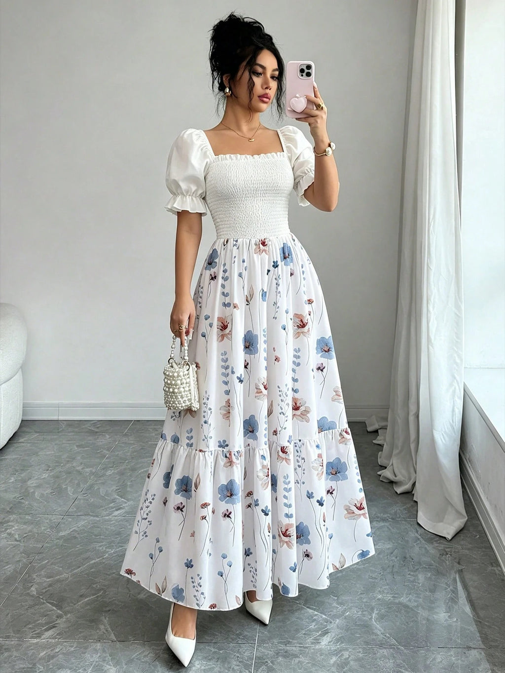 Women's Summer Vacation Floral Bright Print Waist Patchwork Dress,