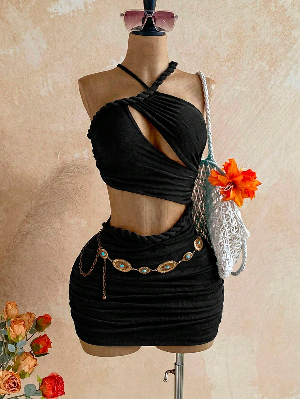 Soleia New Knitted Textured Linen Rope Hollow Out Ruched Mini Dress