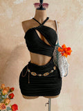 Soleia New Knitted Textured Linen Rope Hollow Out Ruched Mini Dress