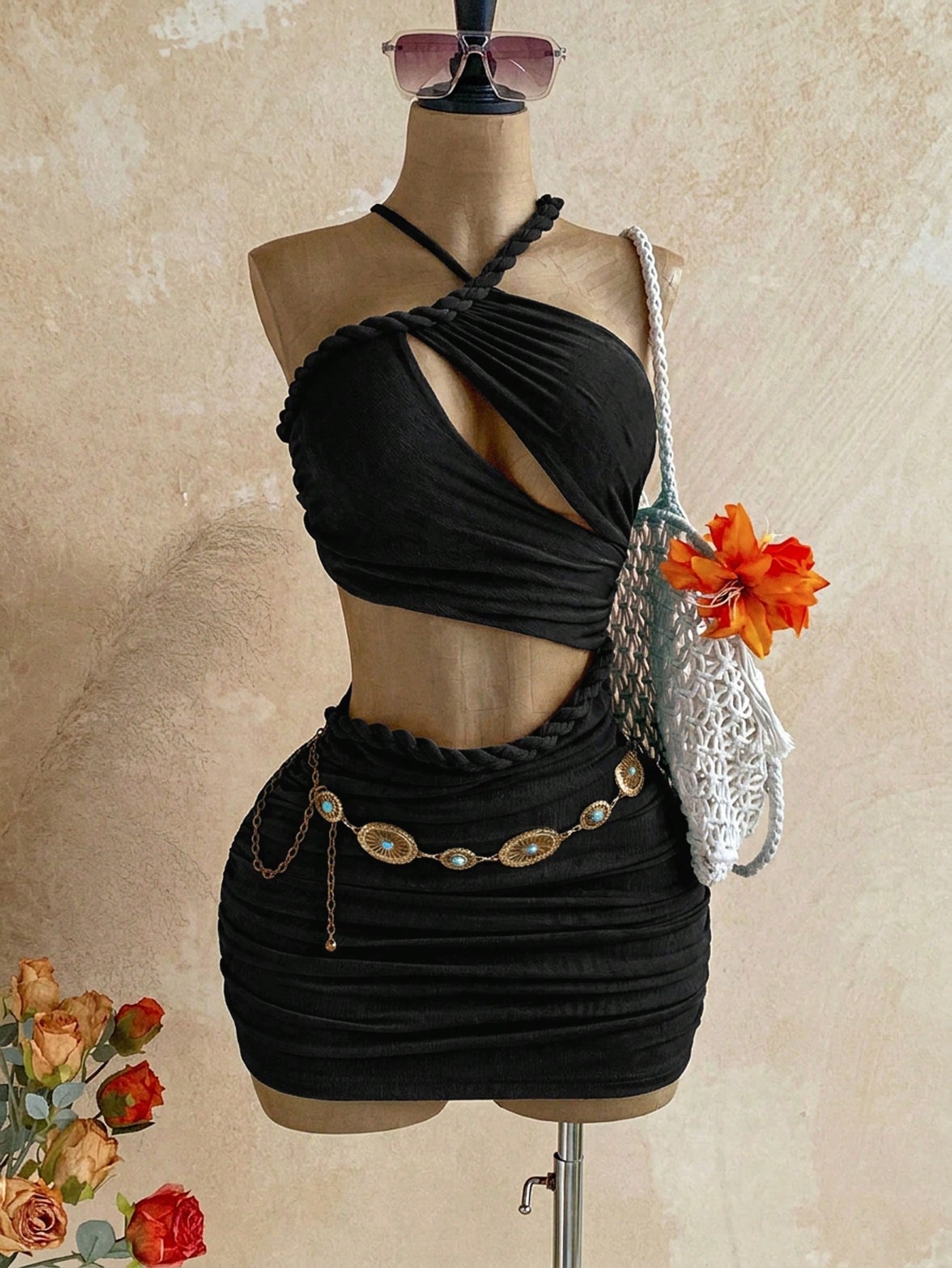 Soleia New Knitted Textured Linen Rope Hollow Out Ruched Mini Dress