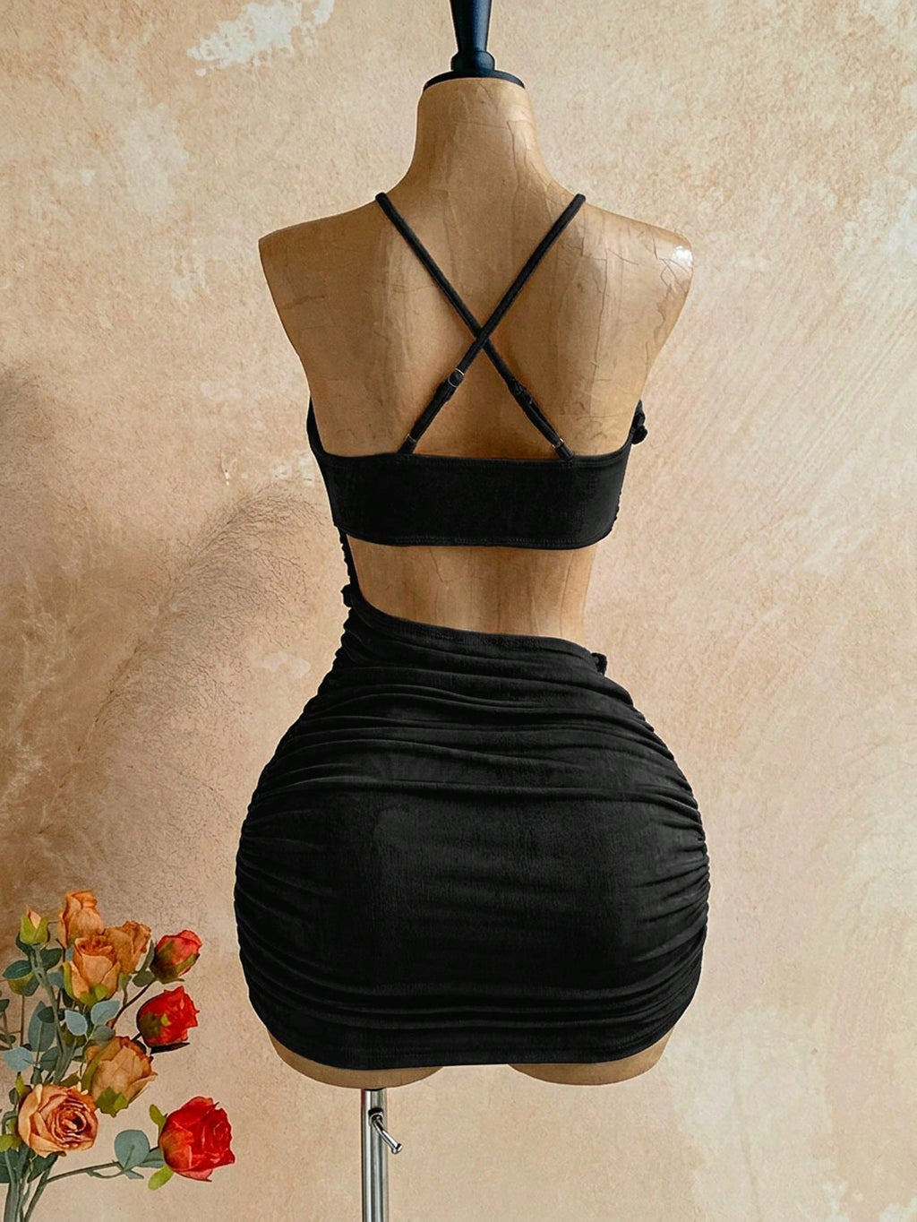 Soleia New Knitted Textured Linen Rope Hollow Out Ruched Mini Dress