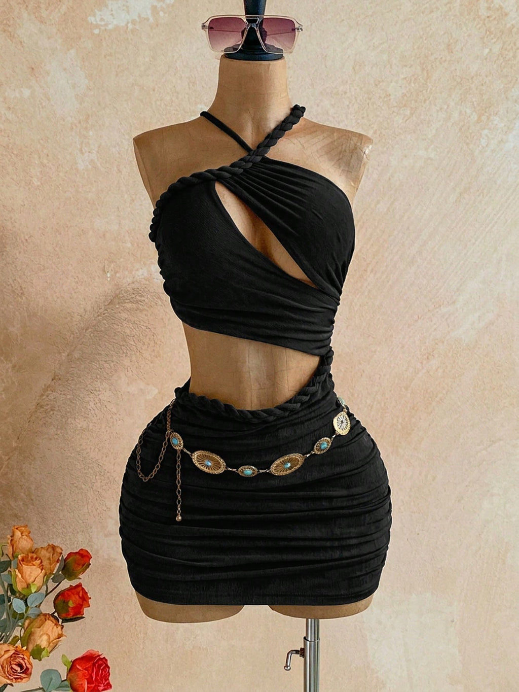 Soleia New Knitted Textured Linen Rope Hollow Out Ruched Mini Dress
