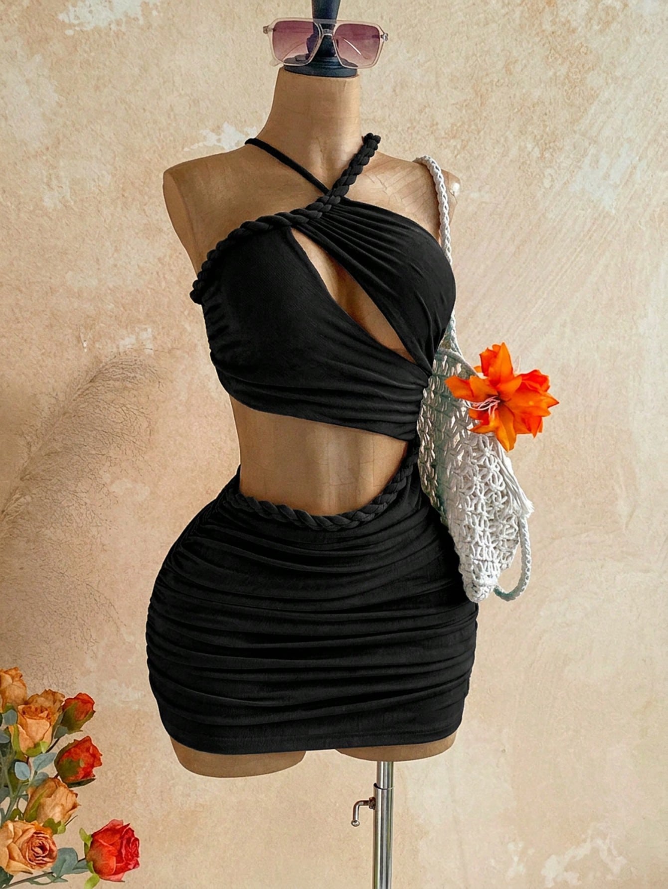 Soleia New Knitted Textured Linen Rope Hollow Out Ruched Mini Dress