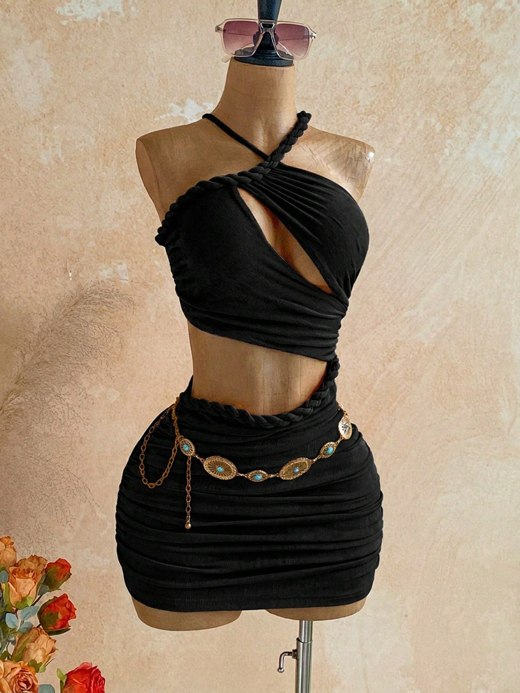 Soleia New Knitted Textured Linen Rope Hollow Out Ruched Mini Dress