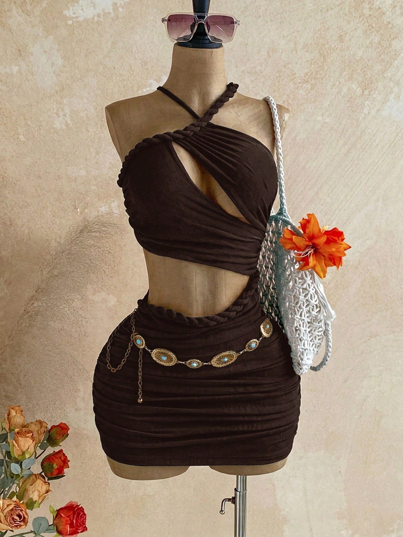Soleia New Knitted Textured Linen Rope Hollow Out Ruched Mini Dress