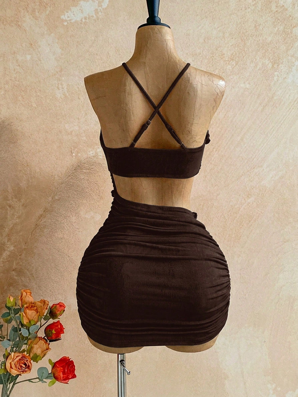 Soleia New Knitted Textured Linen Rope Hollow Out Ruched Mini Dress