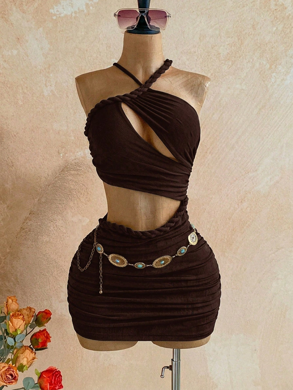 Soleia New Knitted Textured Linen Rope Hollow Out Ruched Mini Dress