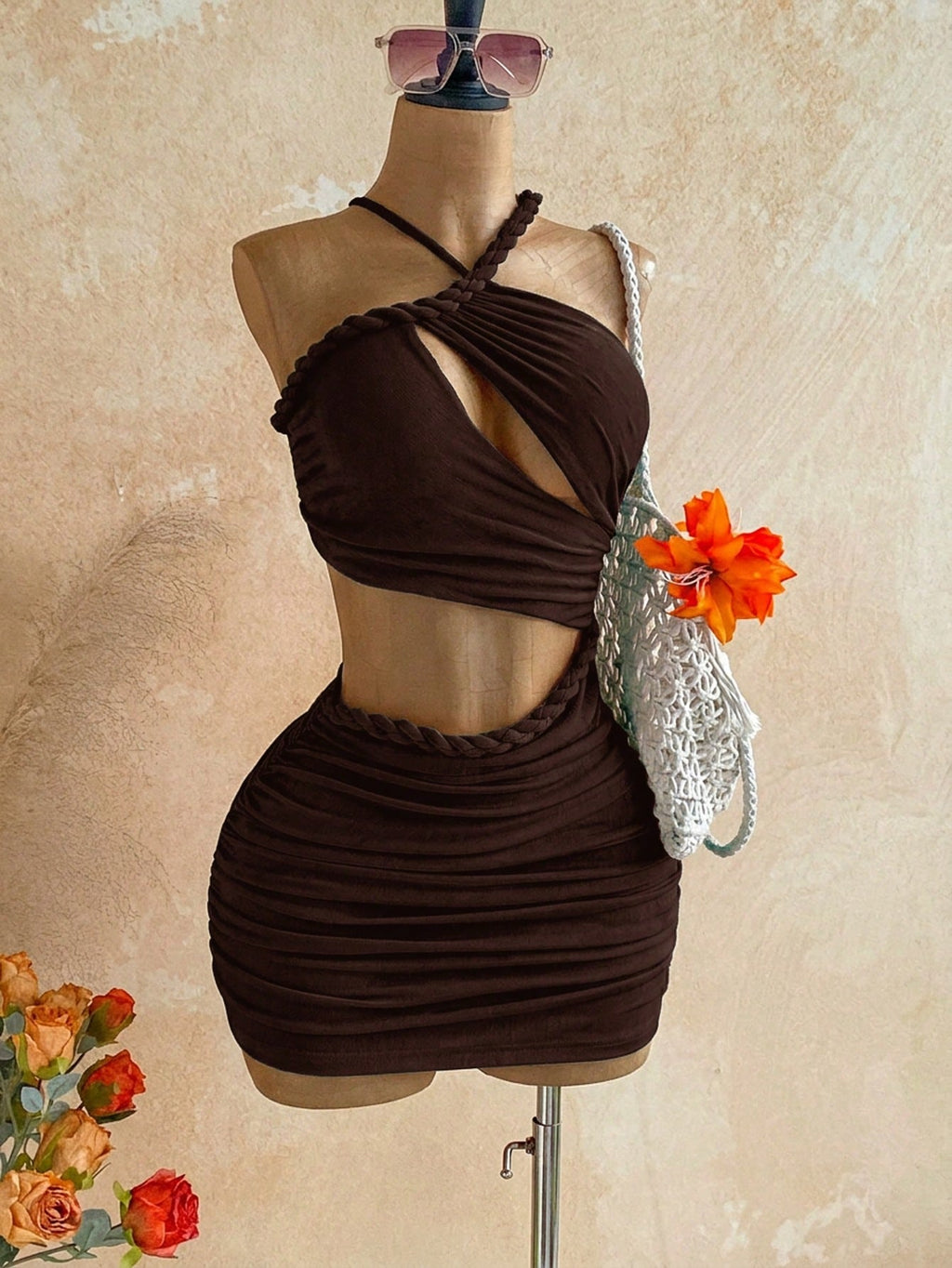 Soleia New Knitted Textured Linen Rope Hollow Out Ruched Mini Dress