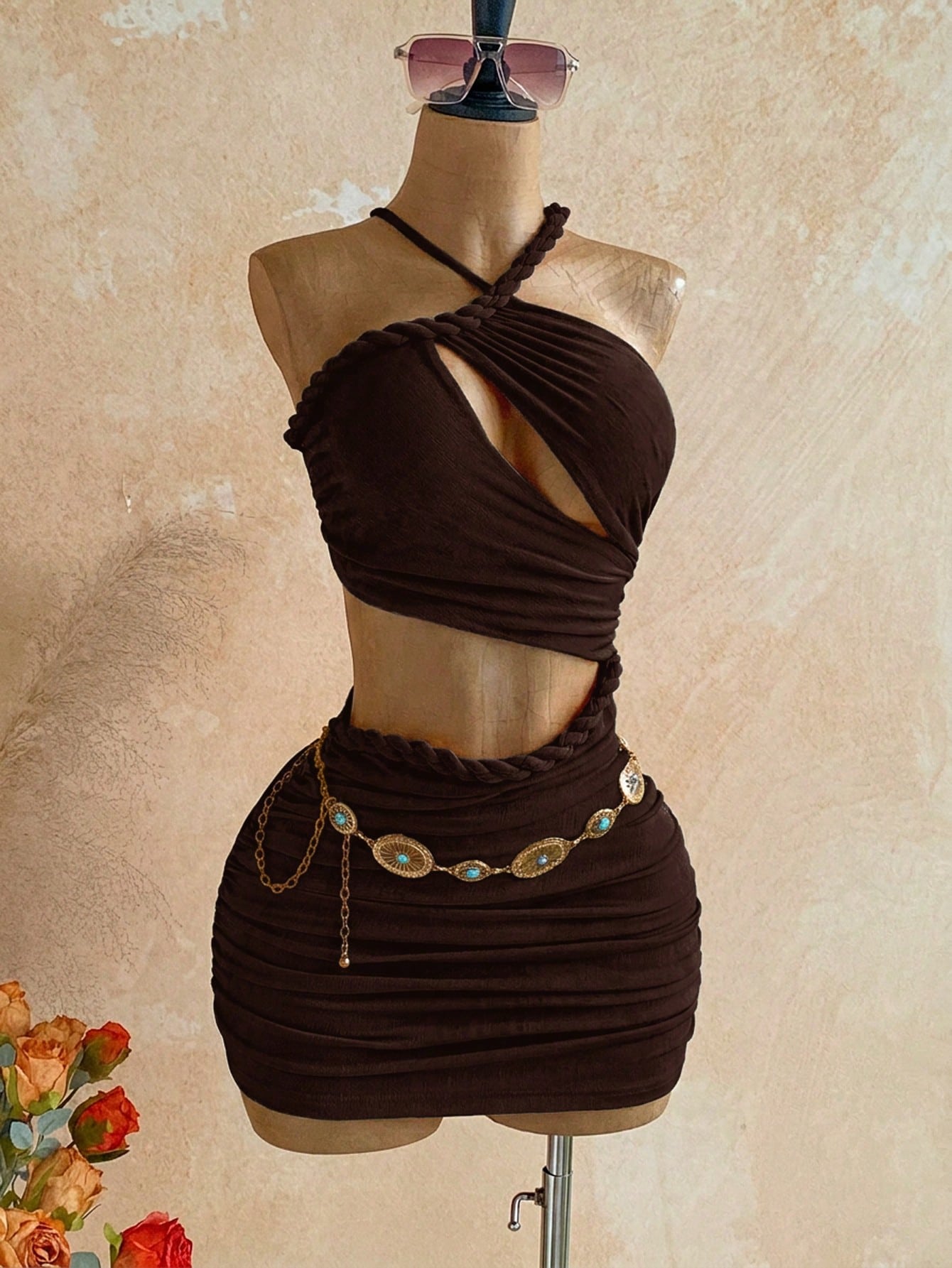 Soleia New Knitted Textured Linen Rope Hollow Out Ruched Mini Dress