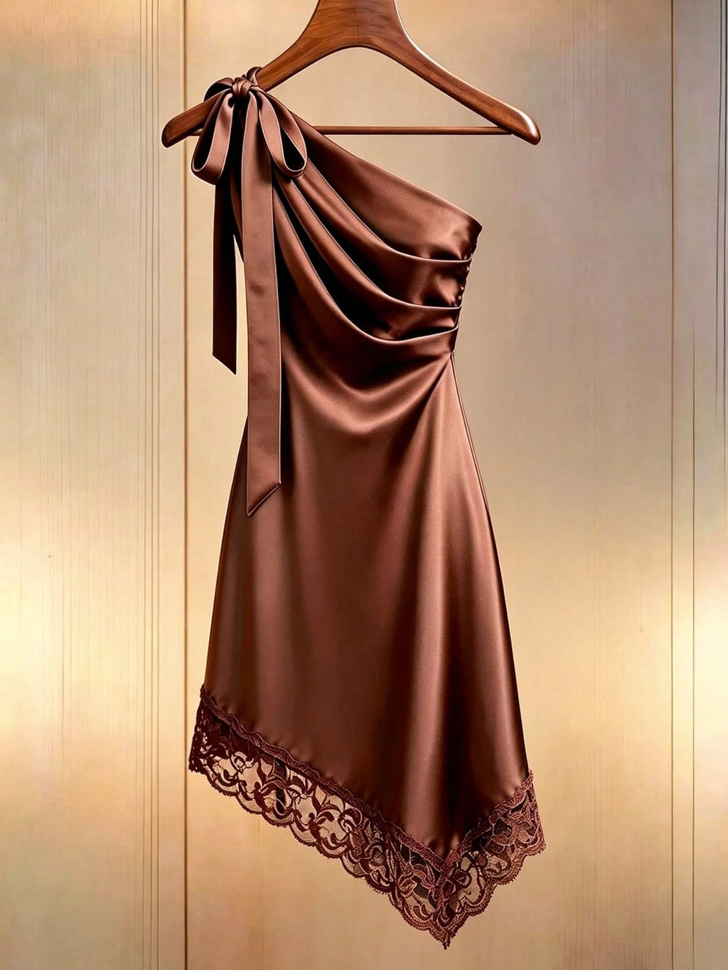 Raffinéa Women's Summer Caramel Satin Asymmetrical Shoulder Lace Trim