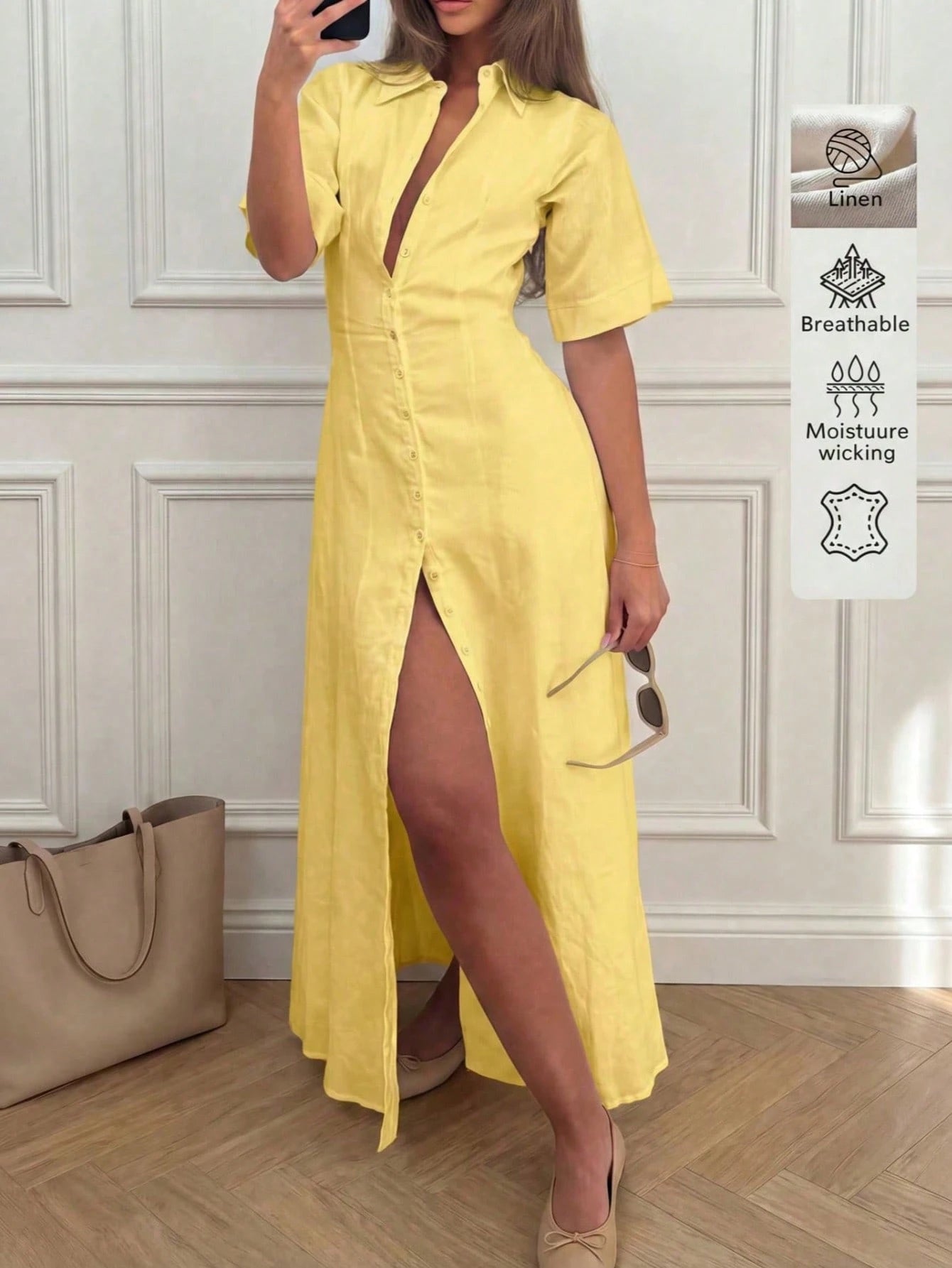 Elegant Linen Casual Commute Minimalist Office Daily Linen Dress,