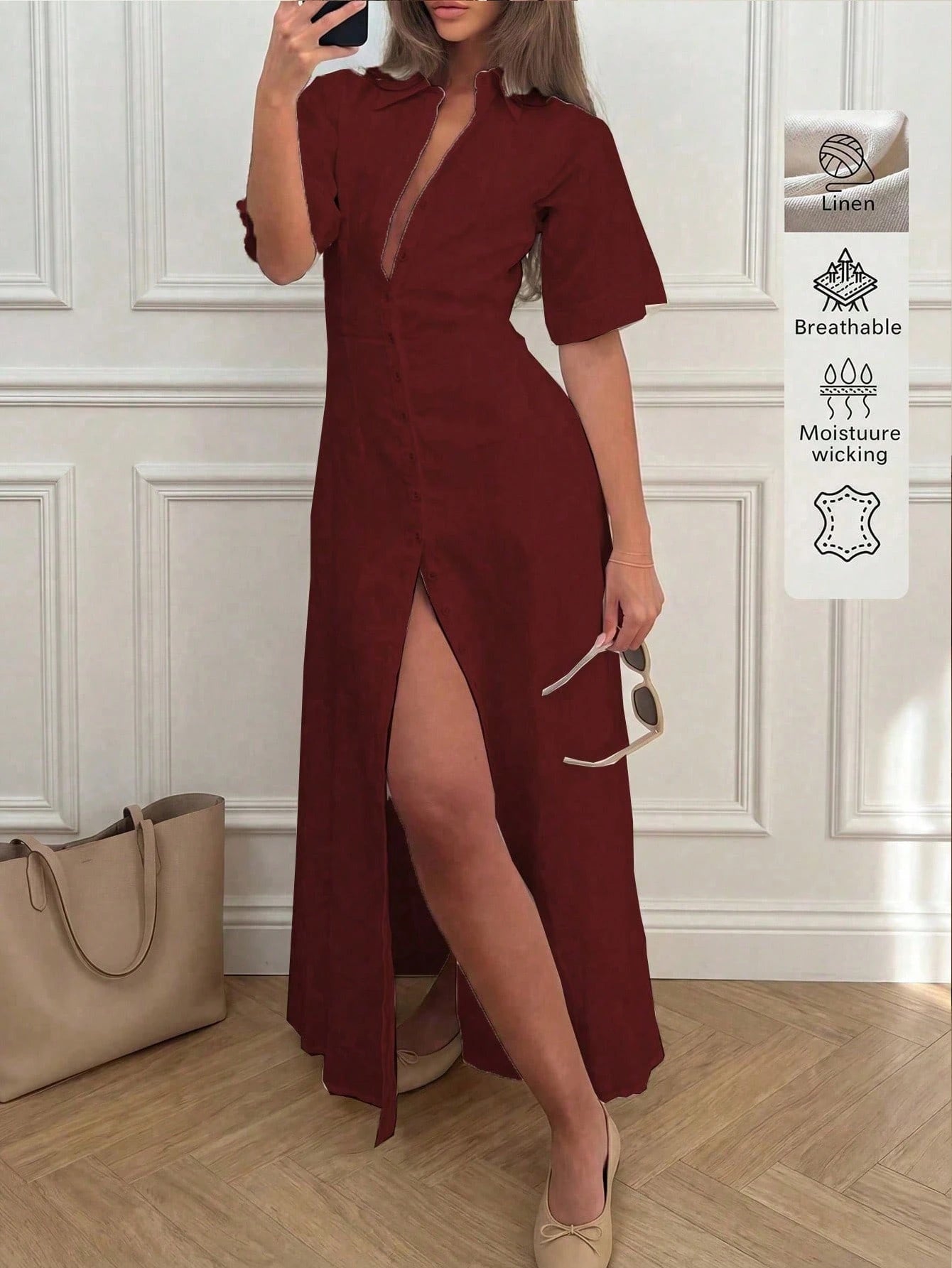 Elegant Linen Casual Commute Minimalist Office Daily Linen Dress,
