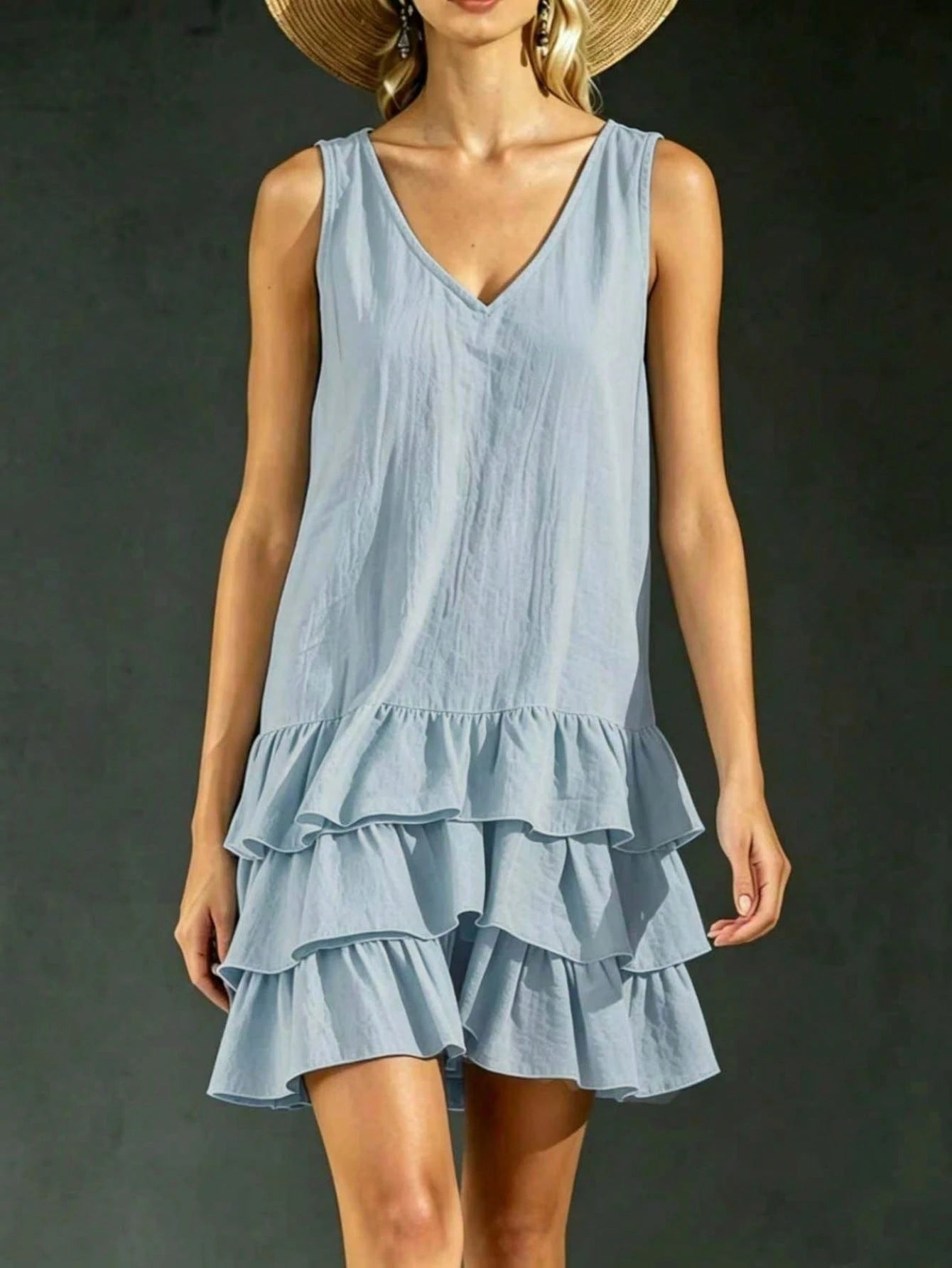 2026 Spring/Summer New V-Neck Ruffle Dress | Sleeveless Layered Short