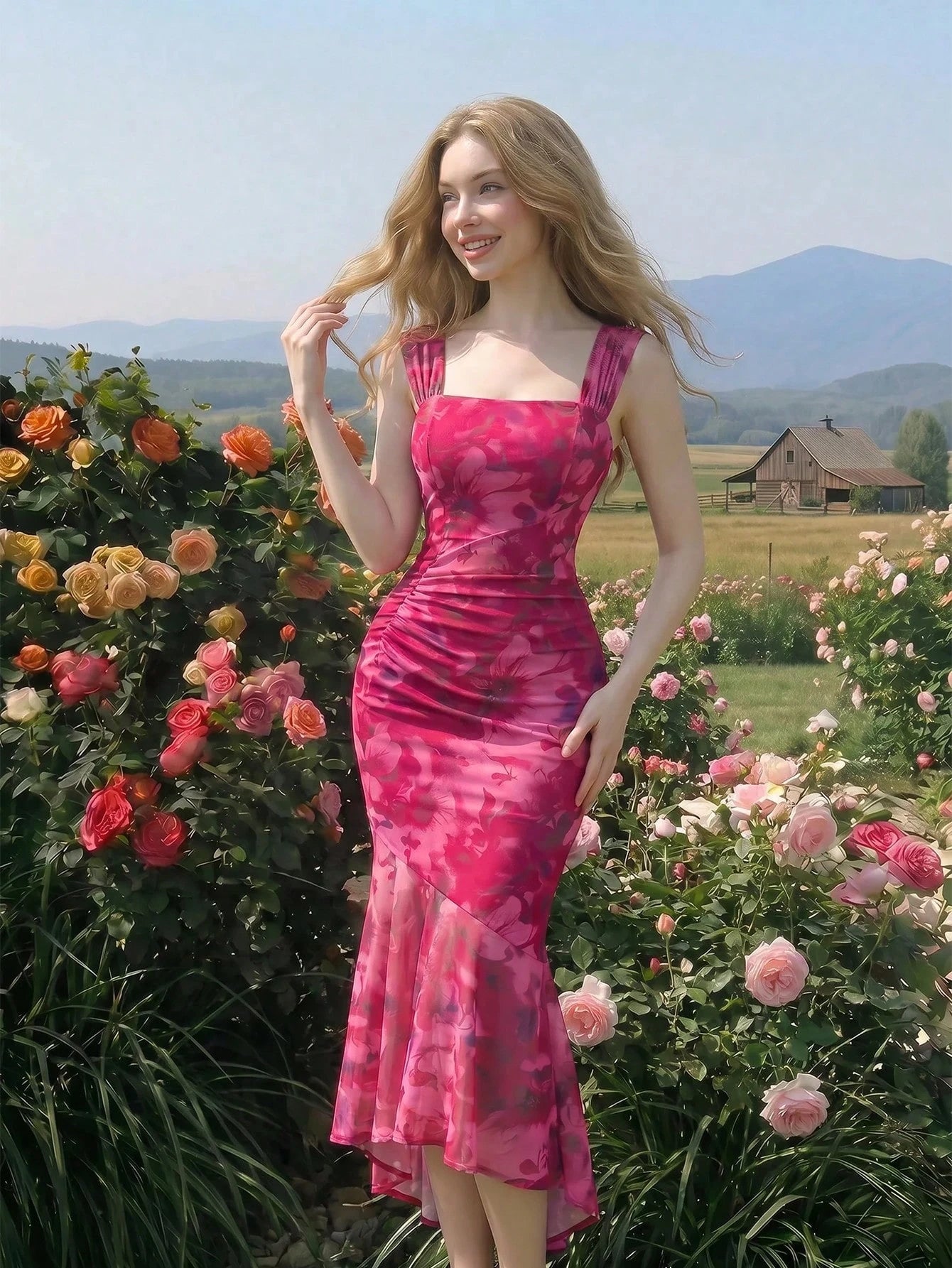 Skyraze Women Floral Sleeveless Asymmetrical Hem Ruched Side Cami