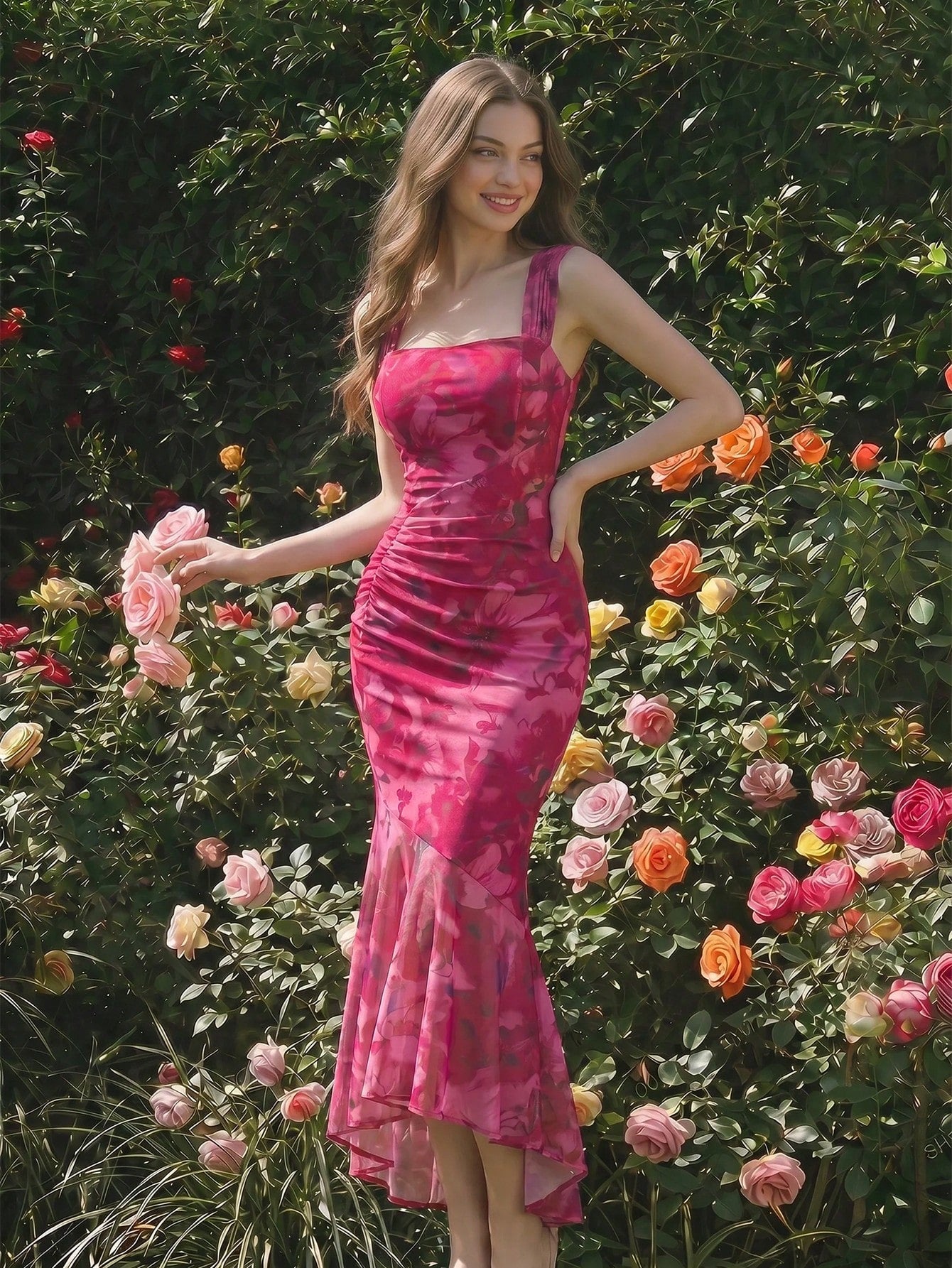 Skyraze Women Floral Sleeveless Asymmetrical Hem Ruched Side Cami Dress, Floral Pink, Summer, Elegant, - image 11