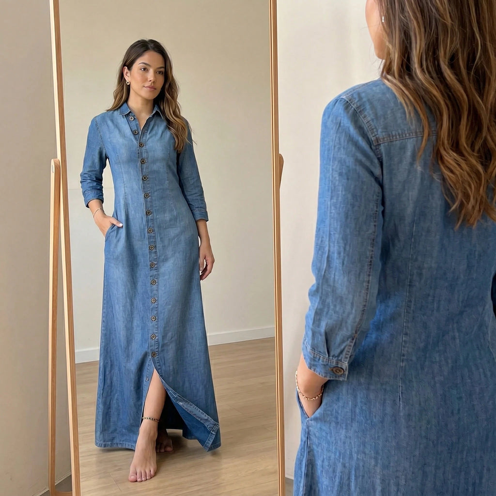 Women's Blue Denim Shirt Maxi Dress, 3/4 Sleeve Button-Front Casual