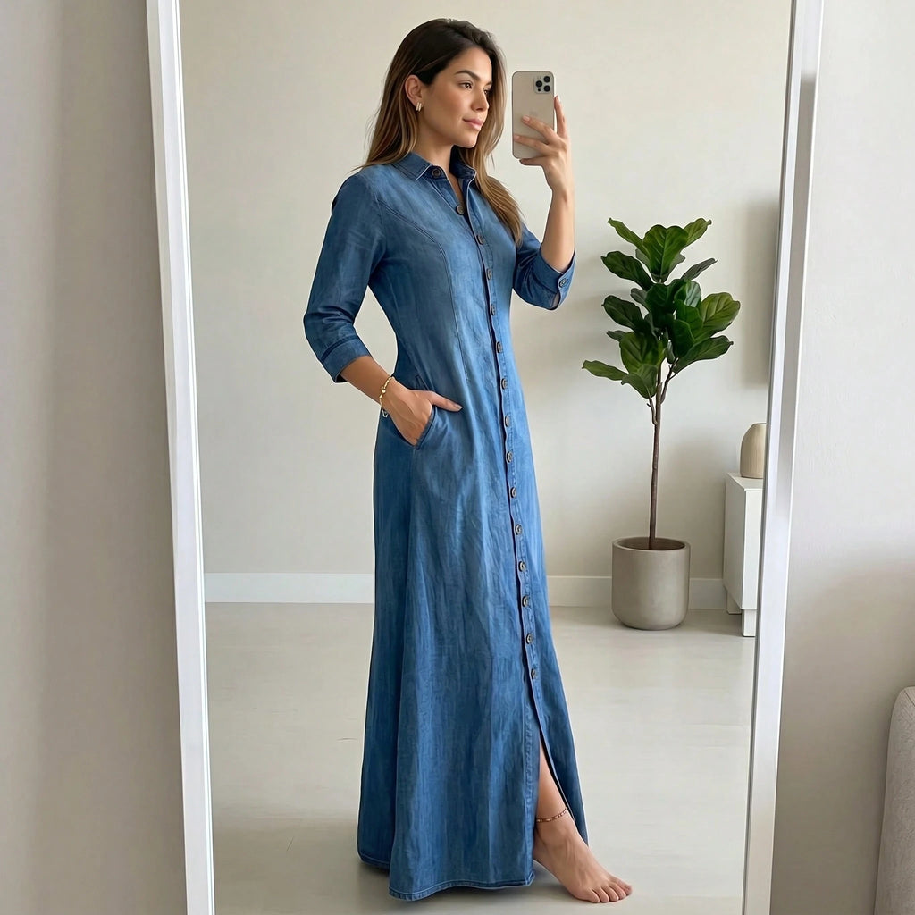 Women's Blue Denim Shirt Maxi Dress, 3/4 Sleeve Button-Front Casual