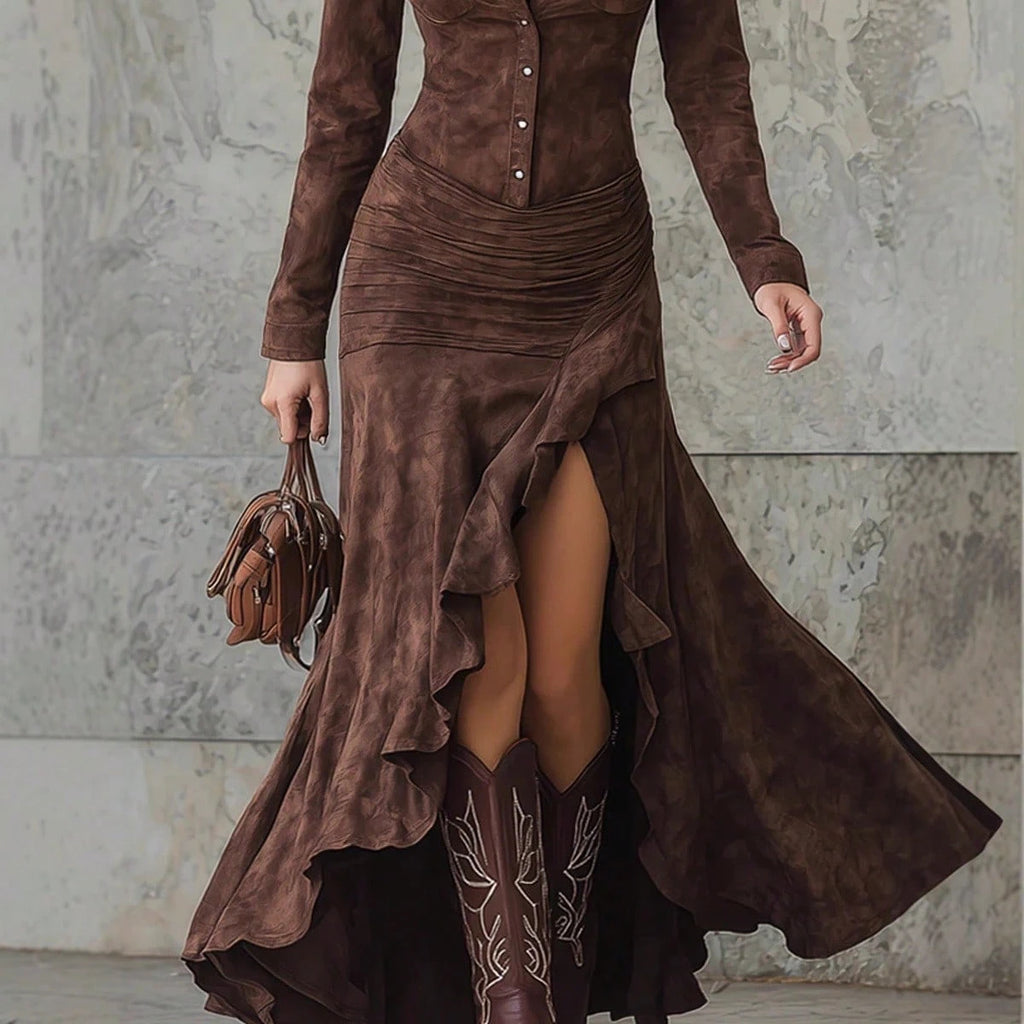 Faux Suede Western Style Lapel Button Down Long Sleeve Ruched High