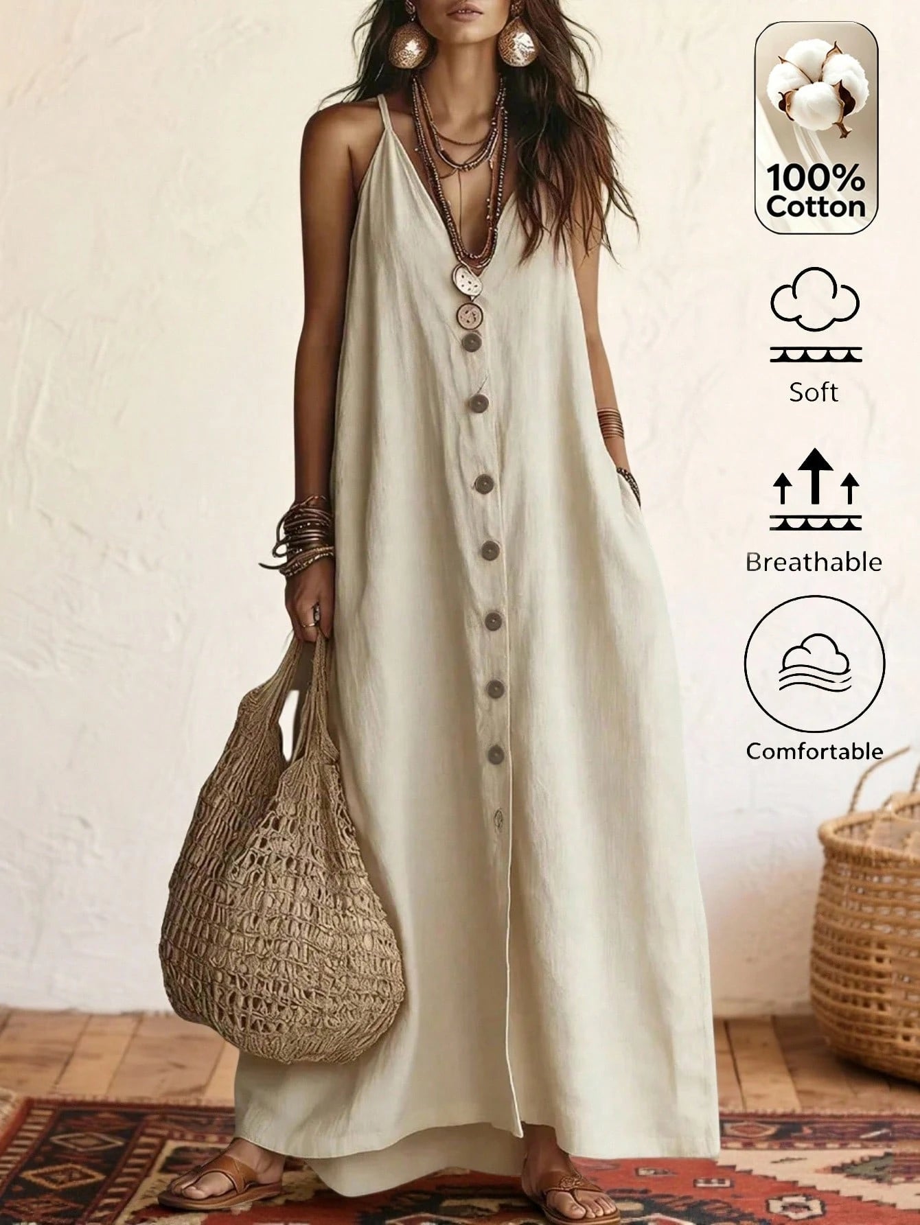 Omancia Women's Casual Boho Solid Color Dress For Summer Holiday Beach Beach Vacation Vacation Beige - image 3