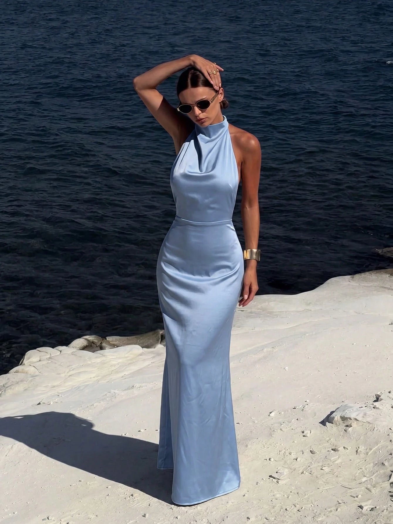 Light Blue Halter Neck Sleeveless Bridesmaid Maxi Dress, Elegant Backless Design, Woven Non-Stretch Fabric, - image 7