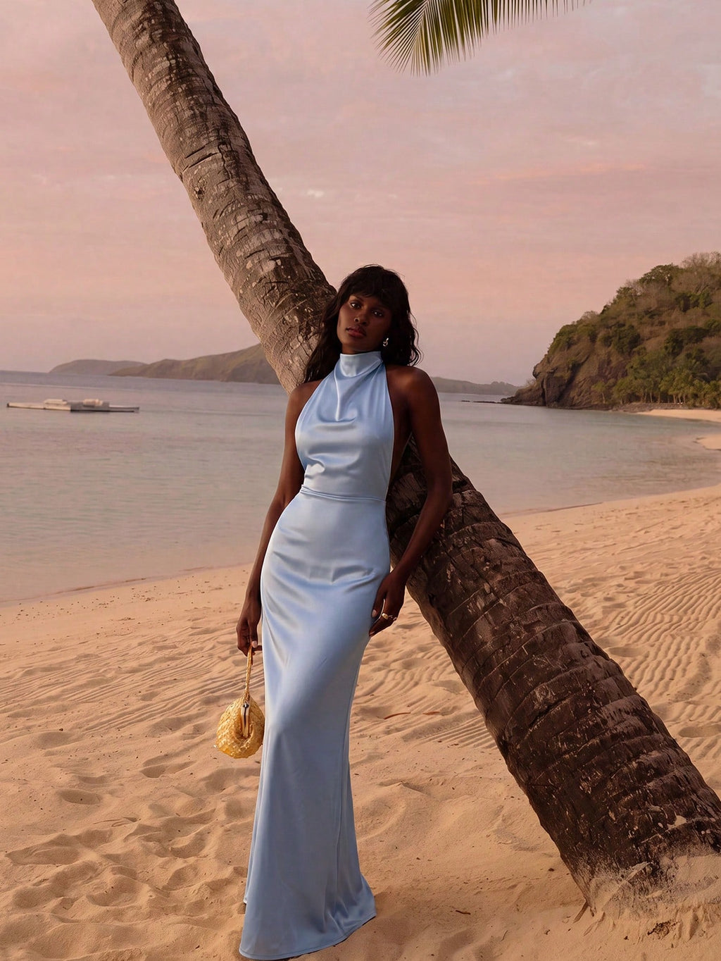 Light Blue Halter Neck Sleeveless Bridesmaid Maxi Dress, Elegant Backless Design, Woven Non-Stretch Fabric, - image 3