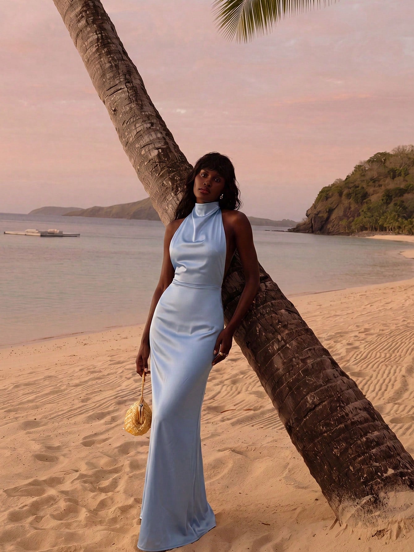 Light Blue Halter Neck Sleeveless Bridesmaid Maxi Dress, Elegant Backless Design, Woven Non-Stretch Fabric, - image 3