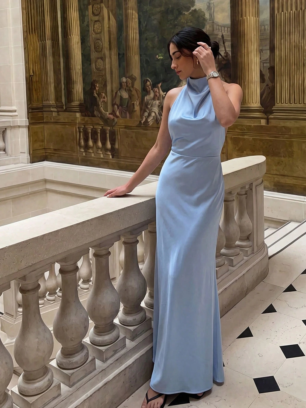 Light Blue Halter Neck Sleeveless Bridesmaid Maxi Dress, Elegant Backless Design, Woven Non-Stretch Fabric, - image 5