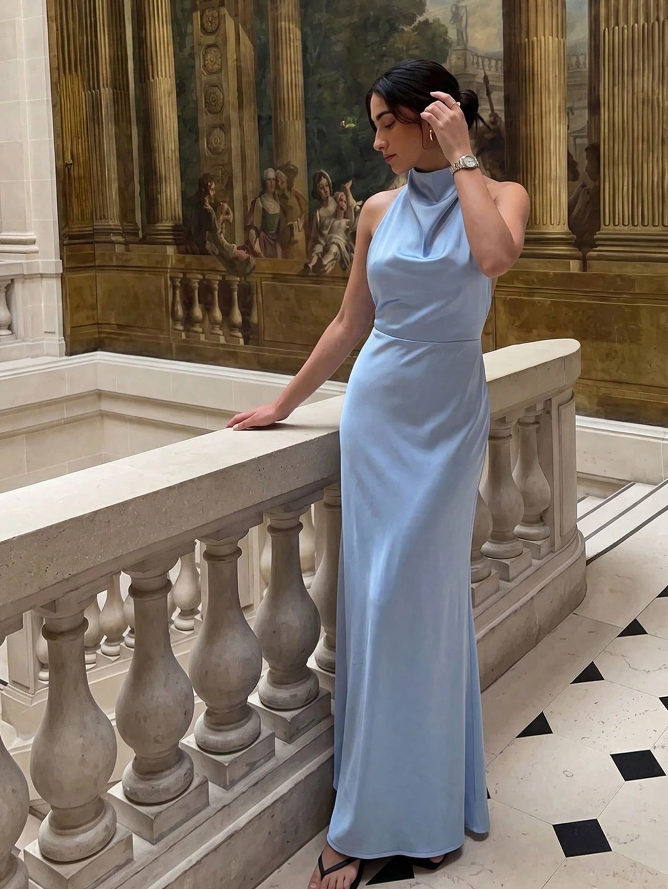 Light Blue Halter Neck Sleeveless Bridesmaid Maxi Dress, Elegant Backless Design, Woven Non-Stretch Fabric, - image 5