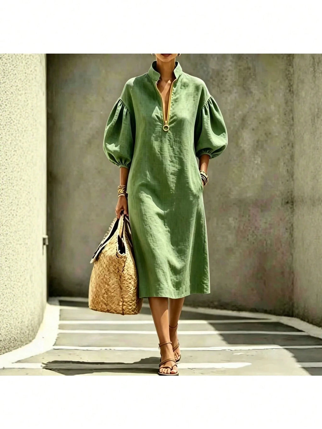 2026 Summer New Stand Collar Half Zip Puff Sleeve Loose Midi Shirt