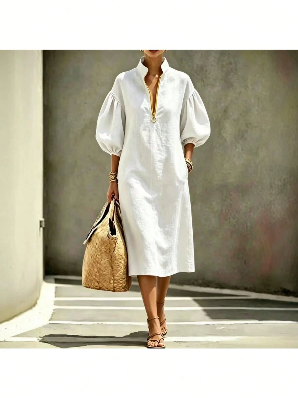 2026 Summer New Stand Collar Half Zip Puff Sleeve Loose Midi Shirt