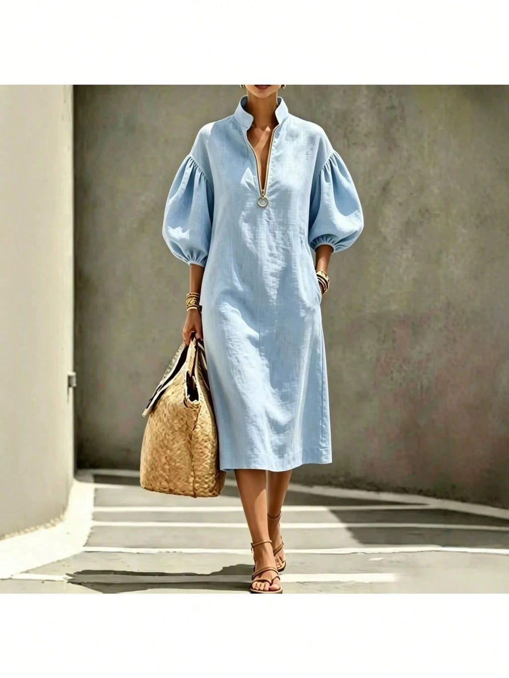 2026 Summer New Stand Collar Half Zip Puff Sleeve Loose Midi Shirt