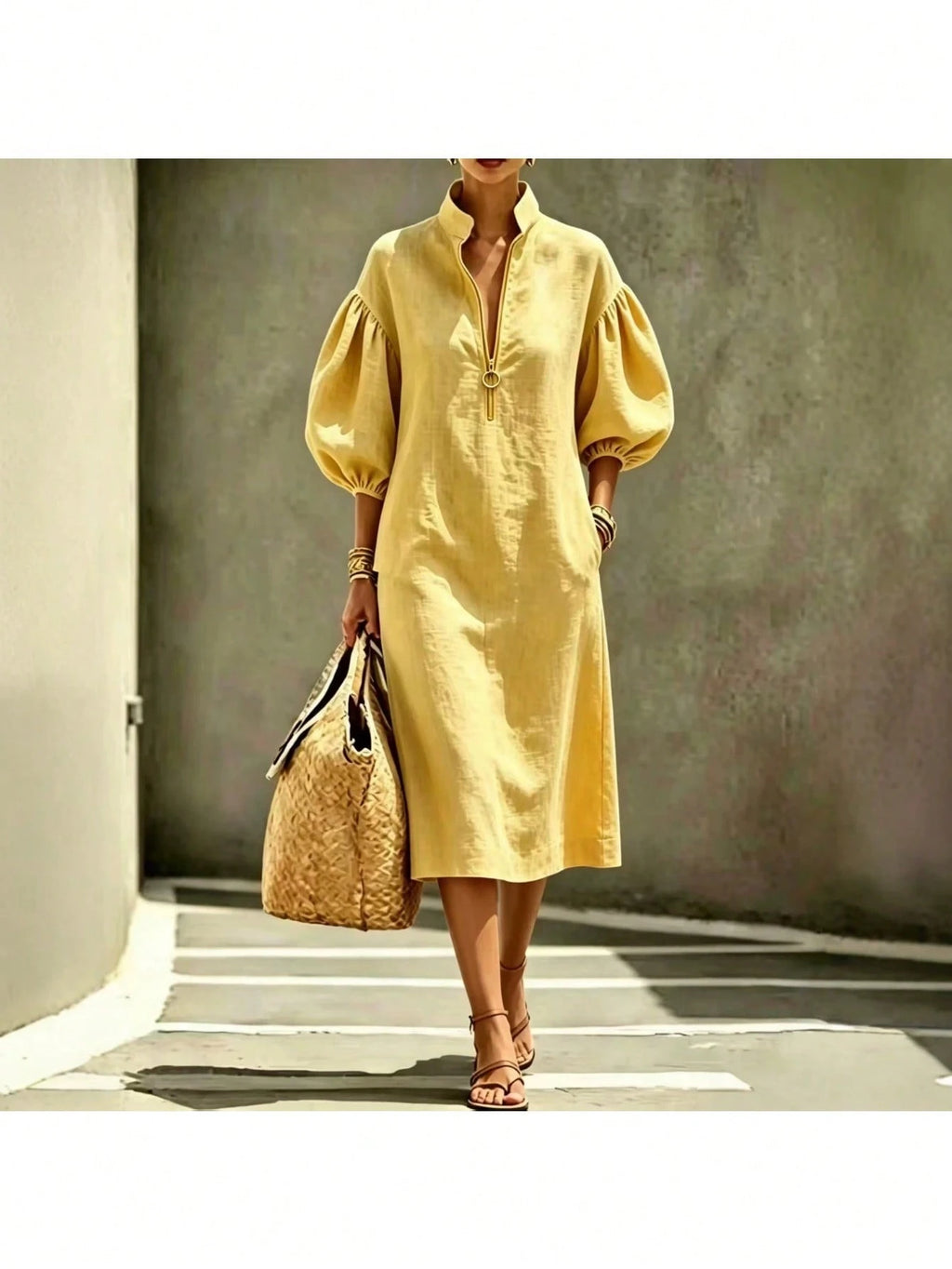 2026 Summer New Stand Collar Half Zip Puff Sleeve Loose Midi Shirt