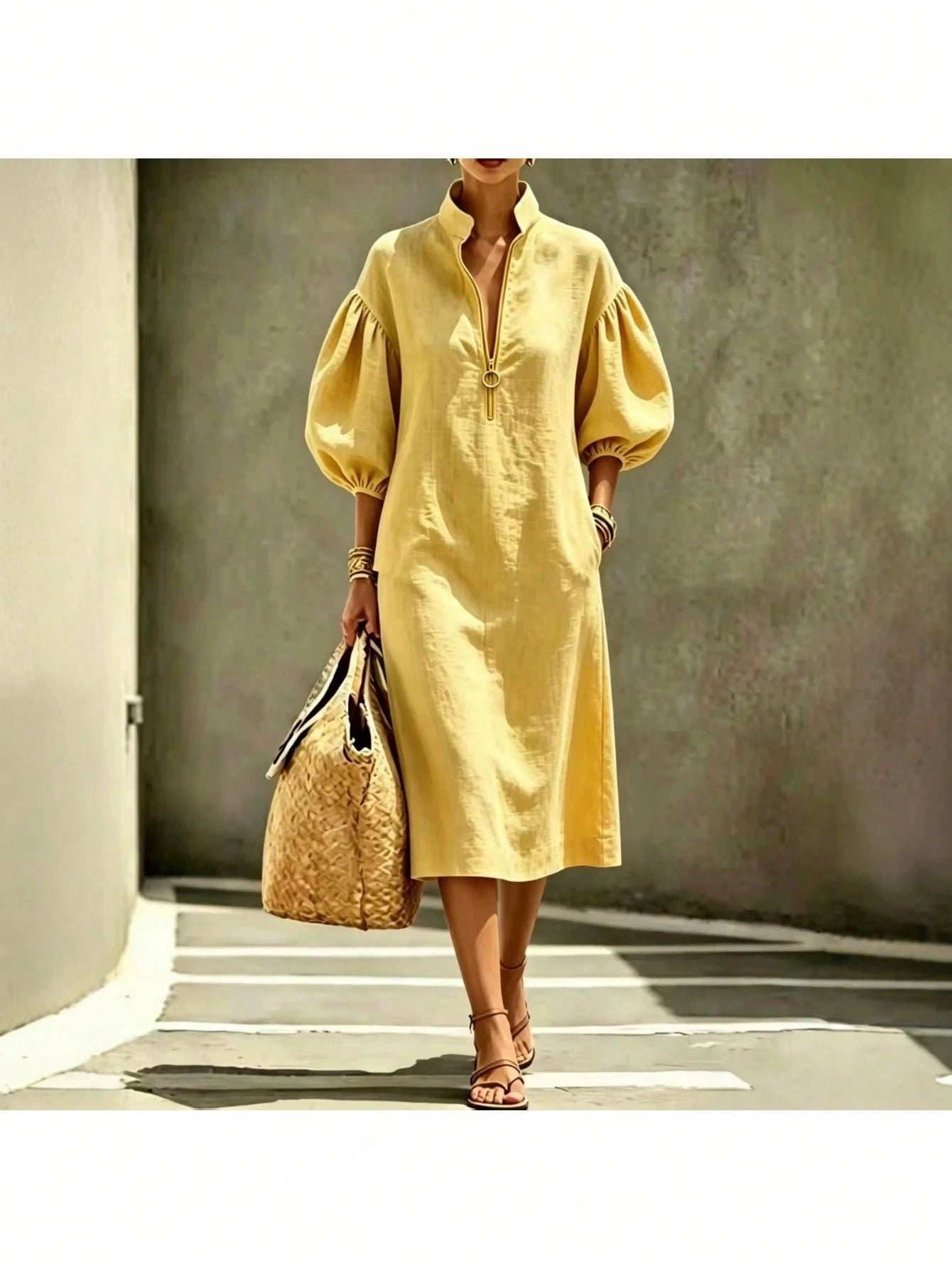 2026 Summer New Stand Collar Half Zip Puff Sleeve Loose Midi Shirt