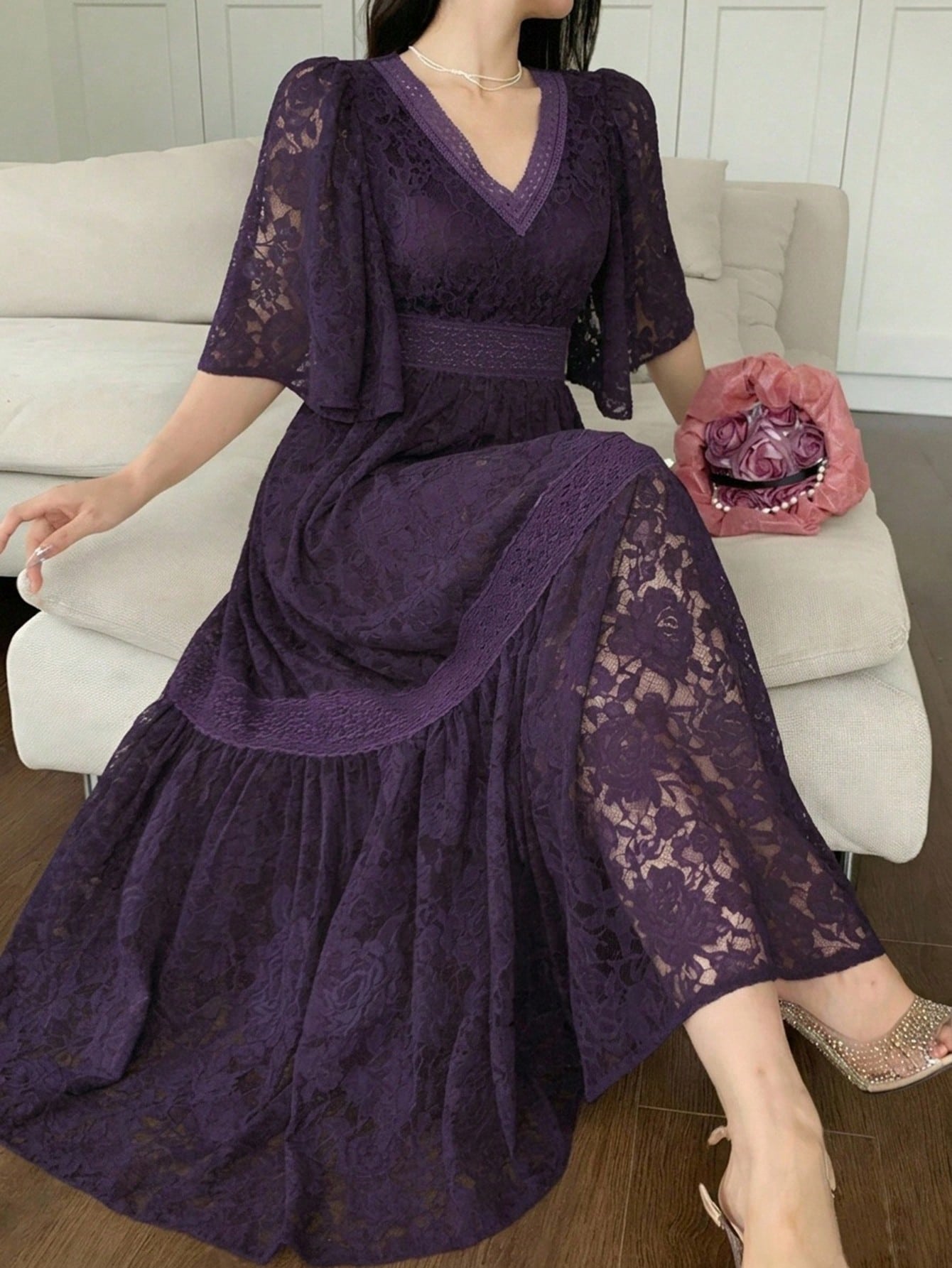 DAZY Contrast Color Lace Full Floral Print Mid-Length Dress For Women