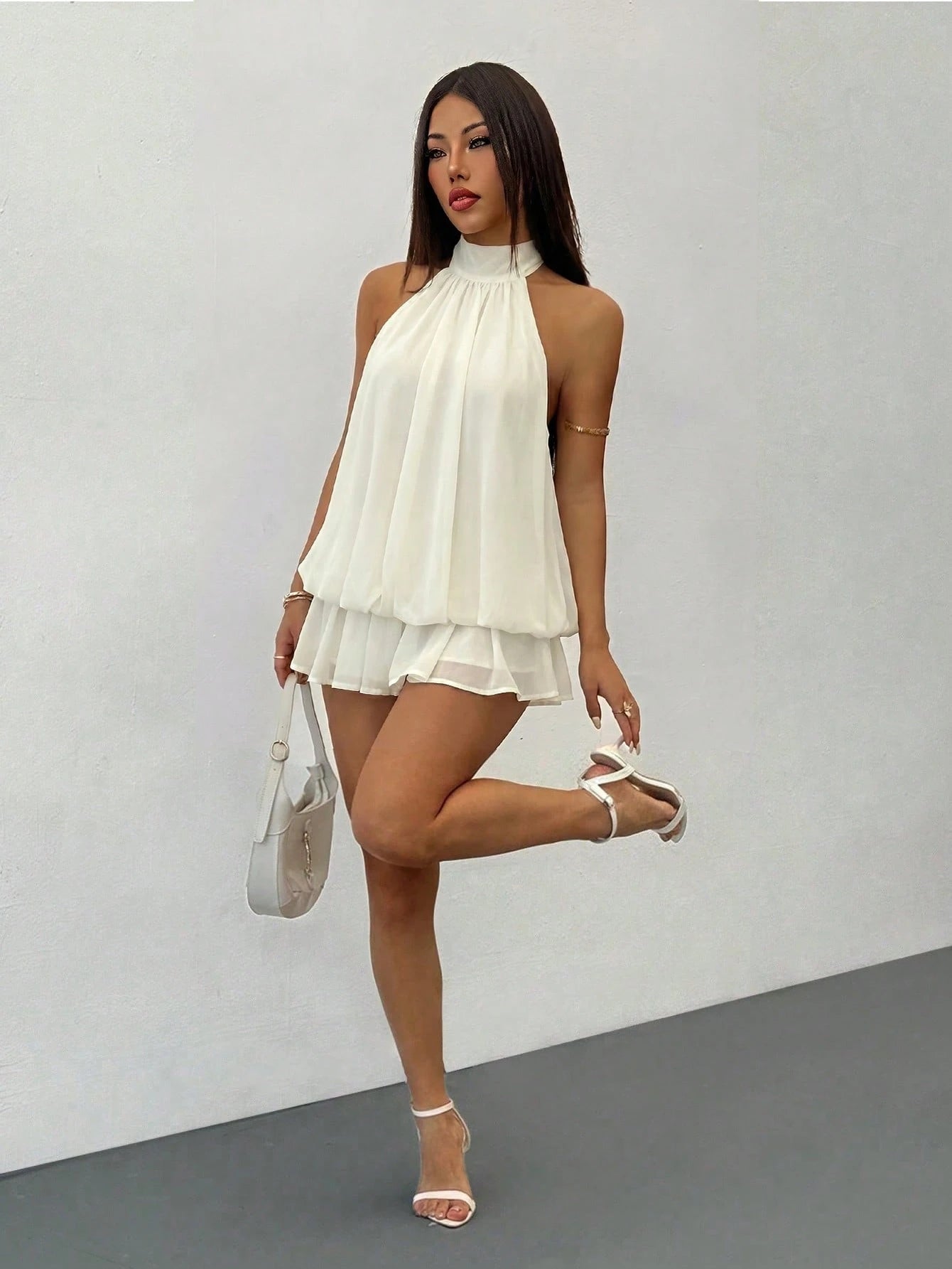 PETITE Elegant Sleeveless Tie-Neck Mini Dress In Pale Yellow,