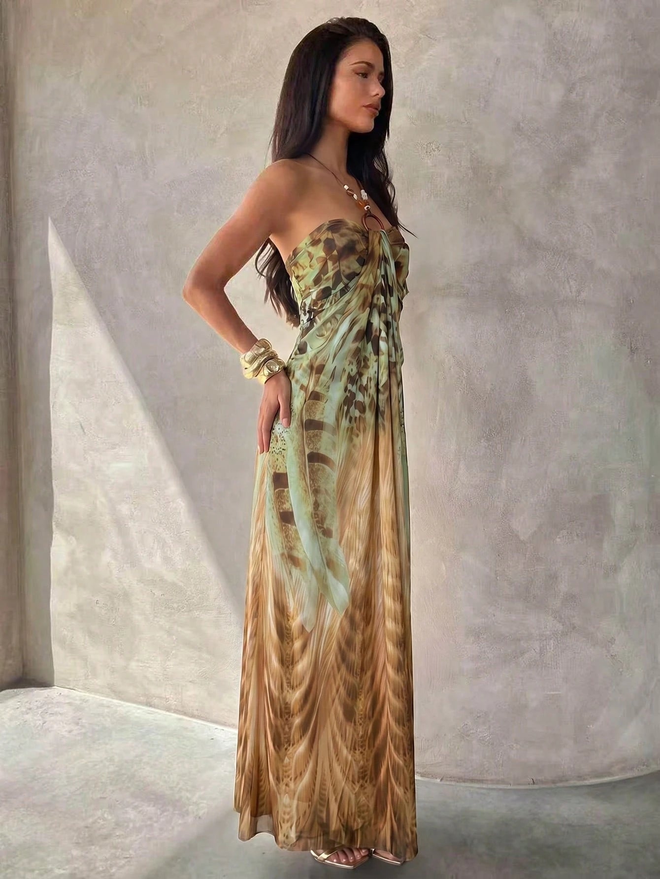 Aloruh Women's Spaghetti Strap Beaded Decor Leopard Print Fitted Long Dress Beach Vacation Light Green Summer - image 2