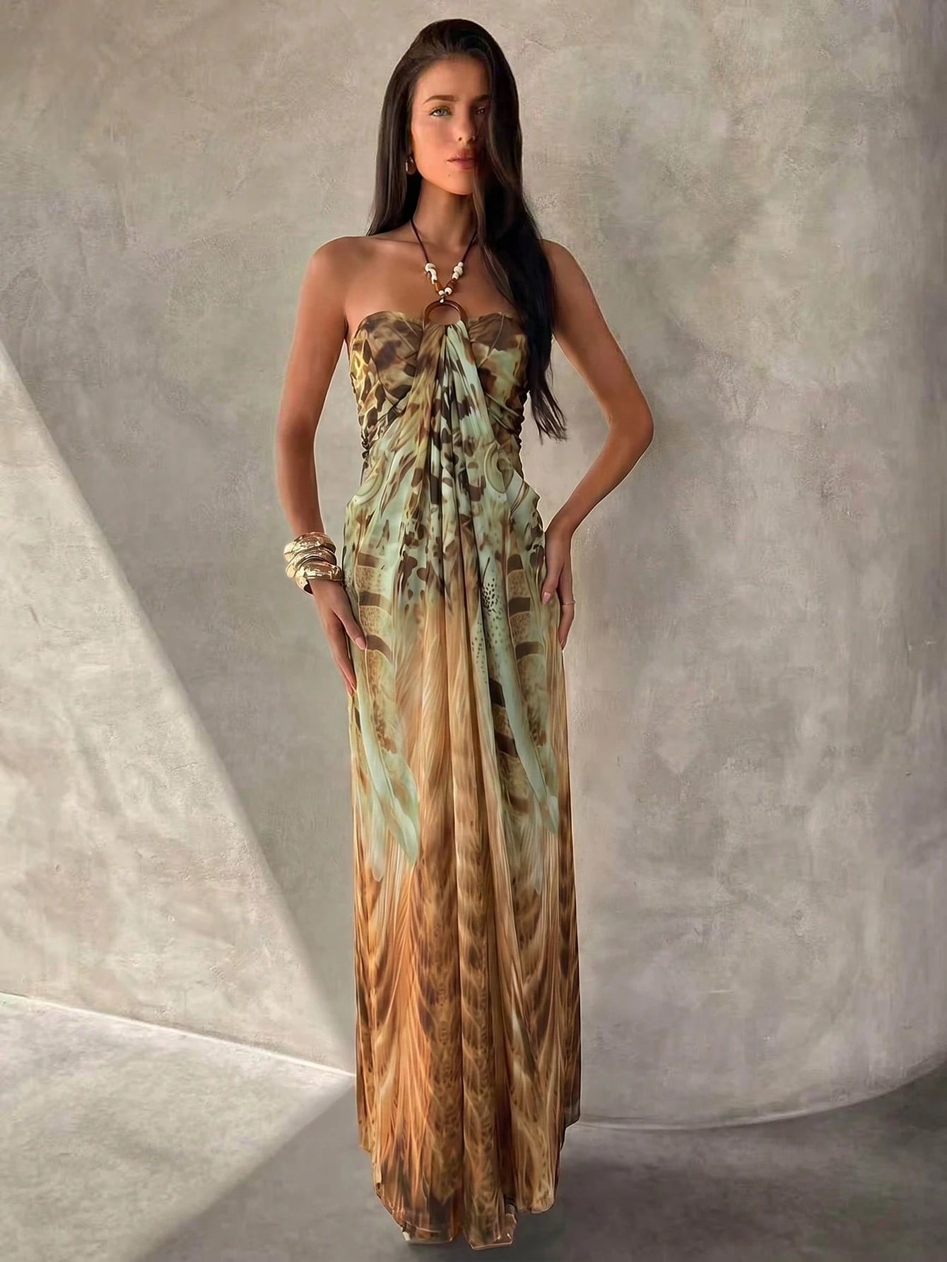 Aloruh Women's Spaghetti Strap Beaded Decor Leopard Print Fitted Long Dress Beach Vacation Light Green Summer - image 3